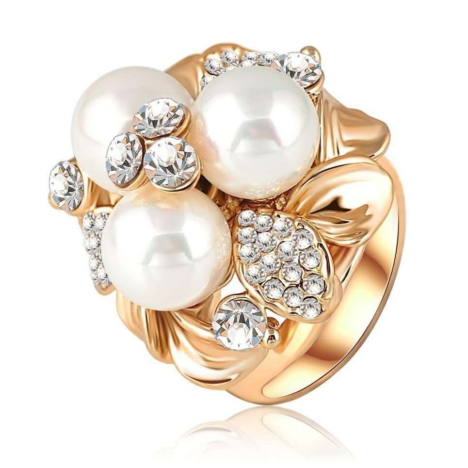 18K Gold Plated 3 Times Austrian Crystal Pearl Ring M01445