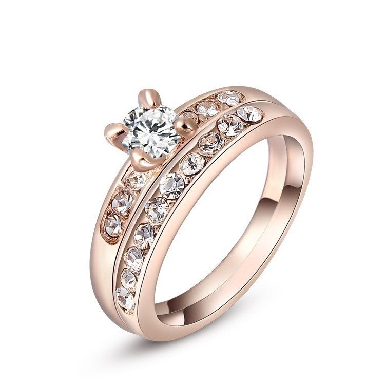 18K Gold Plated 3 Times Rhinestone and Australian Crystal Wedding Ring M00851