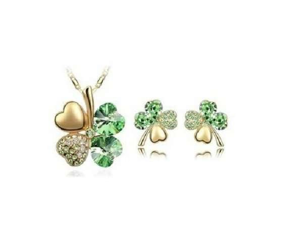 18K Gold Plated 4 Leaf Green Jewelry Set M02214