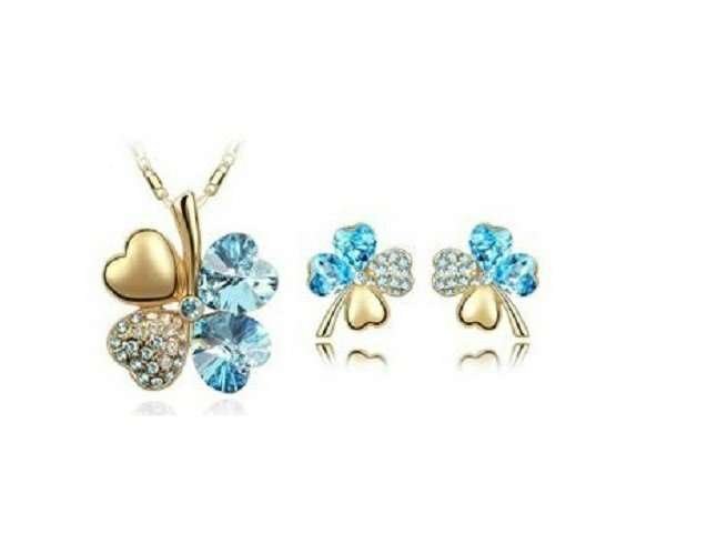 18K Gold Plated 4 Leaf Ocean Blue Jewelry Set M02220