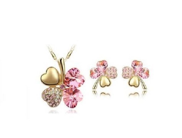18K Gold Plated 4 Leaf Pink Jewelry Set M02218