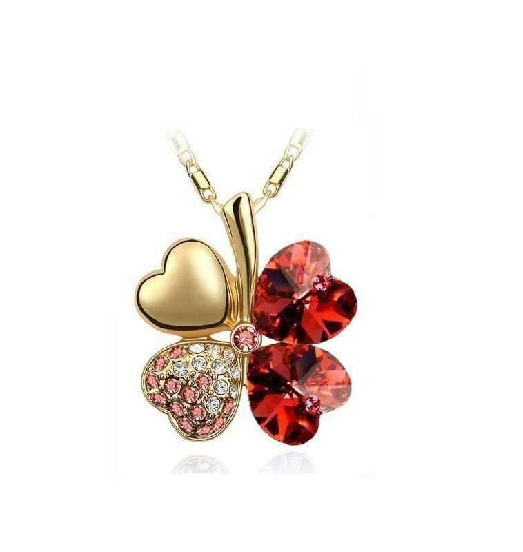 18K Gold Plated 4 Leaf Red Necklace M02228