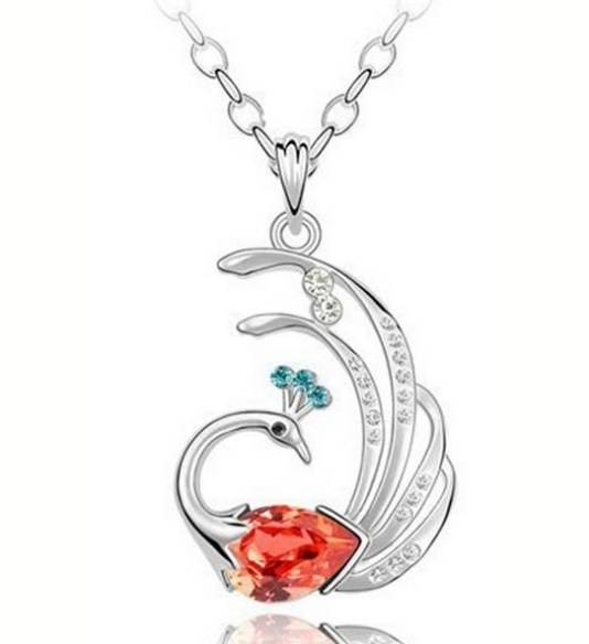 18K Gold Plated Alloy Austrian Crystal Peacock Necklace Red M00098