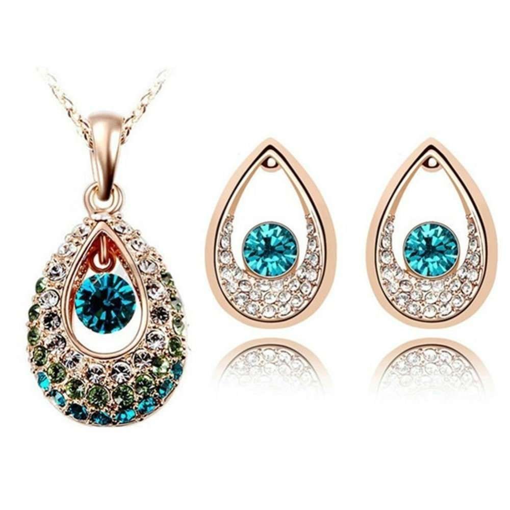 18K Gold Plated Austrian Crystal Tear Green Jewelry Set M02082