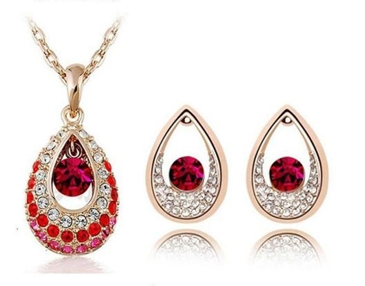 18K Gold Plated Austrian Crystal Teardrop Red Jewelry Set M01052