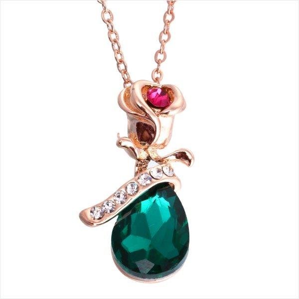 18K Gold Plated Austrian Crystal Water Drop Green Necklace M01344