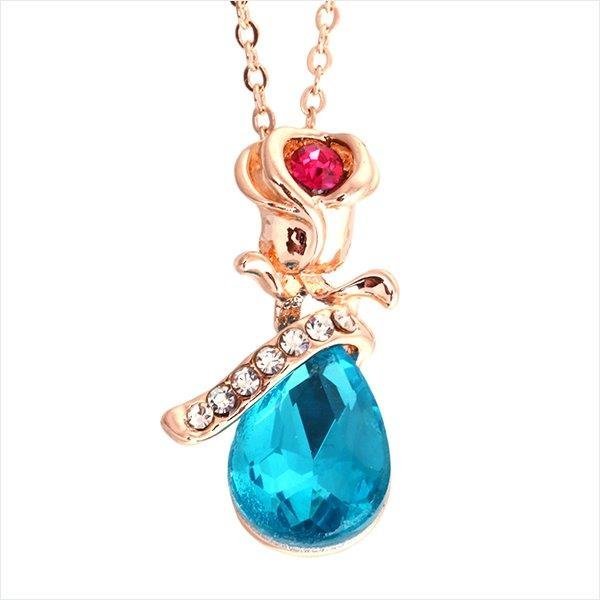 18K Gold Plated Austrian Crystal Water Drop Seablue Necklace M01345