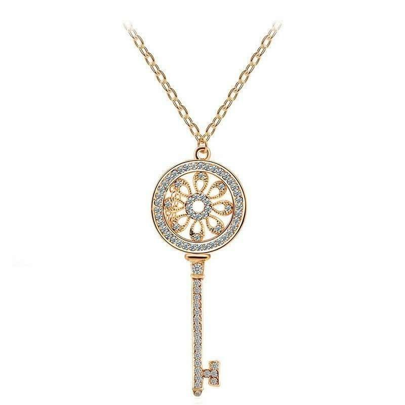 18K Gold Plated Big Key Style Rhinestones Crystals Necklace M01154