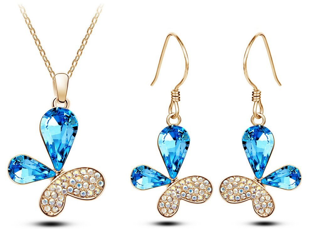 18K Gold Plated ButterFly Austrian Crystal Ocean Blue Jewelry Set M00960