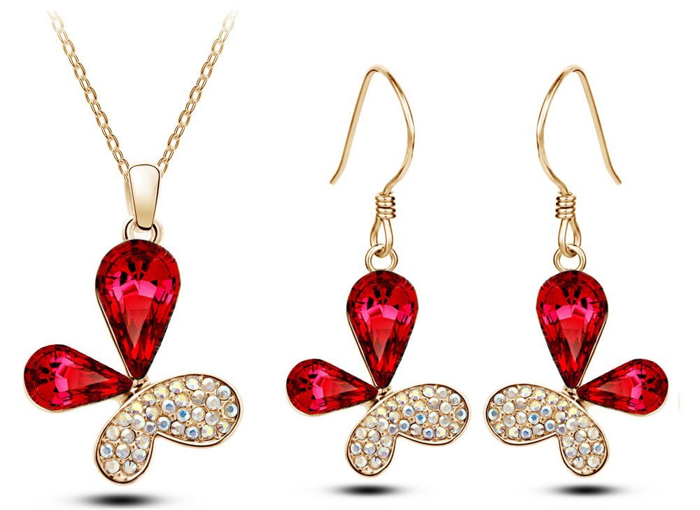 18K Gold Plated ButterFly Austrian Crystal Red Jewelry Set M00959