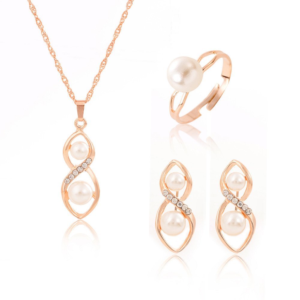 18K Gold Plated Clear Crystals Pearls Bride Jewelry Set M01217