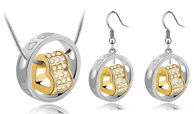 18K Gold Plated Couples Gold Heart Rhinestones Jewelry Set M01157