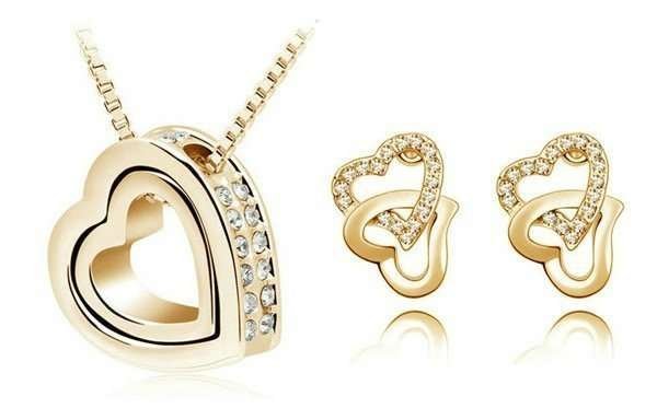 18K Gold Plated Couples Gold Heart Rhinestones Jewelry Set M01169
