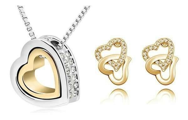 18K Gold Plated Couples Gold Heart Rhinestones Jewelry Set M01170