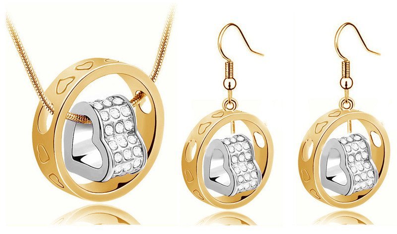 18K Gold Plated Couples Silver Heart Rhinestones Jewelry Set M01158