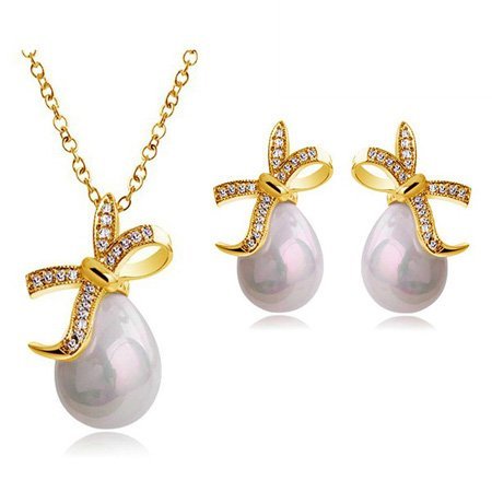 18K Gold Plated Crystal Bowknot Fruitful Pearl Water Drop Jewelry Set Yellow M00054