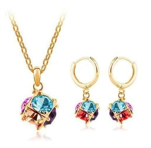 18K Gold Plated Cubic Ball Charm Drop Earrings Austrian Crystal Jewelry Set M00071