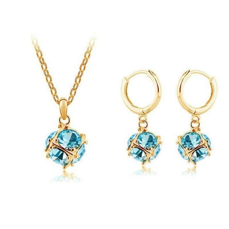 18K Gold Plated Cubic Ball Charm Drop Earrings Austrian Crystal Jewelry Set Ocean Blue M00072