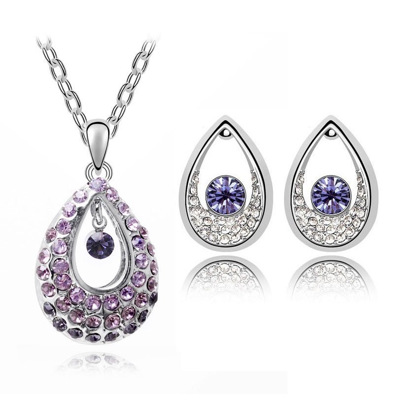 18K Gold Plated Czech Rhinestone Silver Violet Angel Tearl Necklace and Earrings M00436