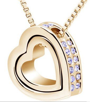 18K Gold Plated Double Heart Violet Necklace Swarovski Elements Crystals M00462