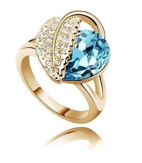 18K Gold Plated Leaf Heart Ocean Blue Swarovski Elements Ring M00880