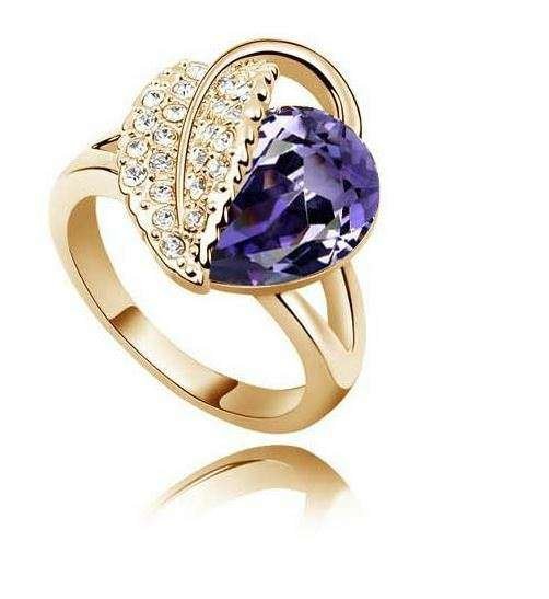 18K Gold Plated Leaf Heart Purple Swarovski Elements Ring M00883