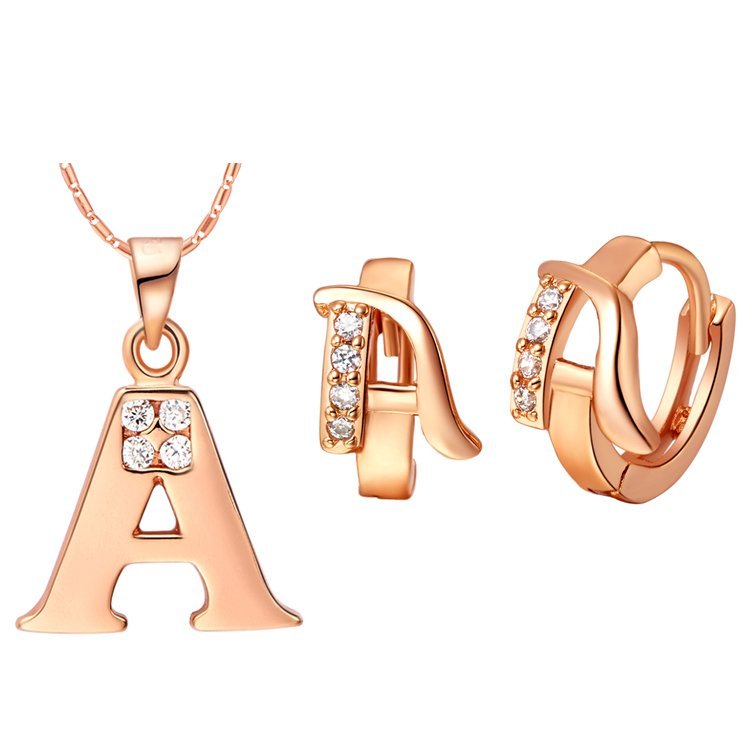 18K Gold Plated Letter A Zirconia Stones Jewelery Set M00821