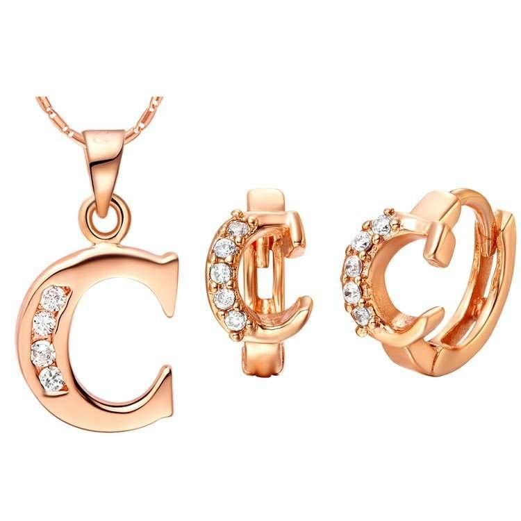18K Gold Plated Letter C Zirconia Stones Jewelery Set M00825