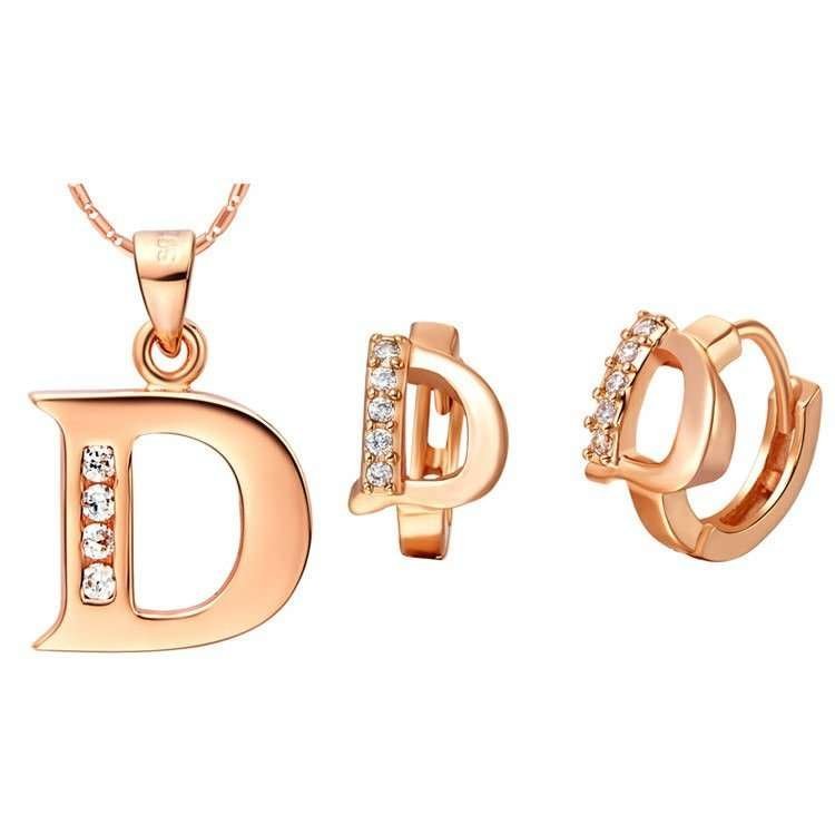 18K Gold Plated Letter D Zirconia Stones Jewelery Set M00827