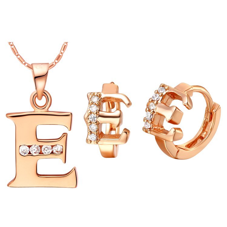 18K Gold Plated Letter E Zirconia Stones Jewelery Set M00829