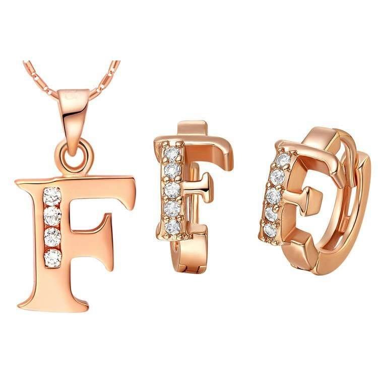18K Gold Plated Letter F Zirconia Stones Jewelery Set M00831