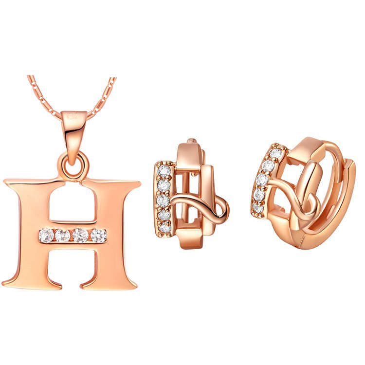 18K Gold Plated Letter H Zirconia Stones Jewelery Set M00833
