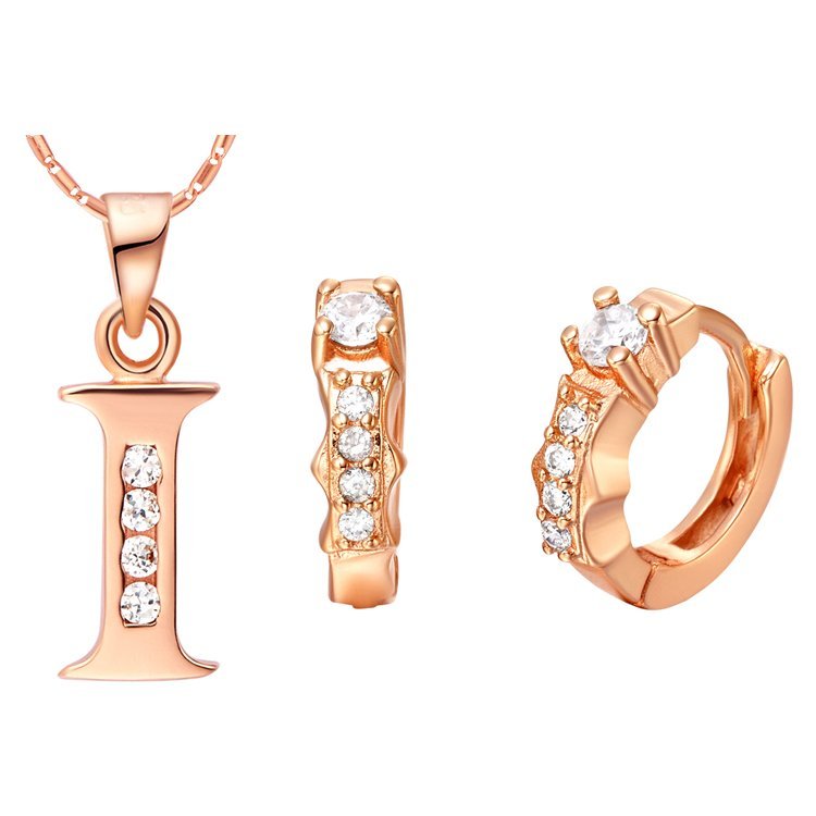 18K Gold Plated Letter I Zirconia Stones Jewelery Set M00835
