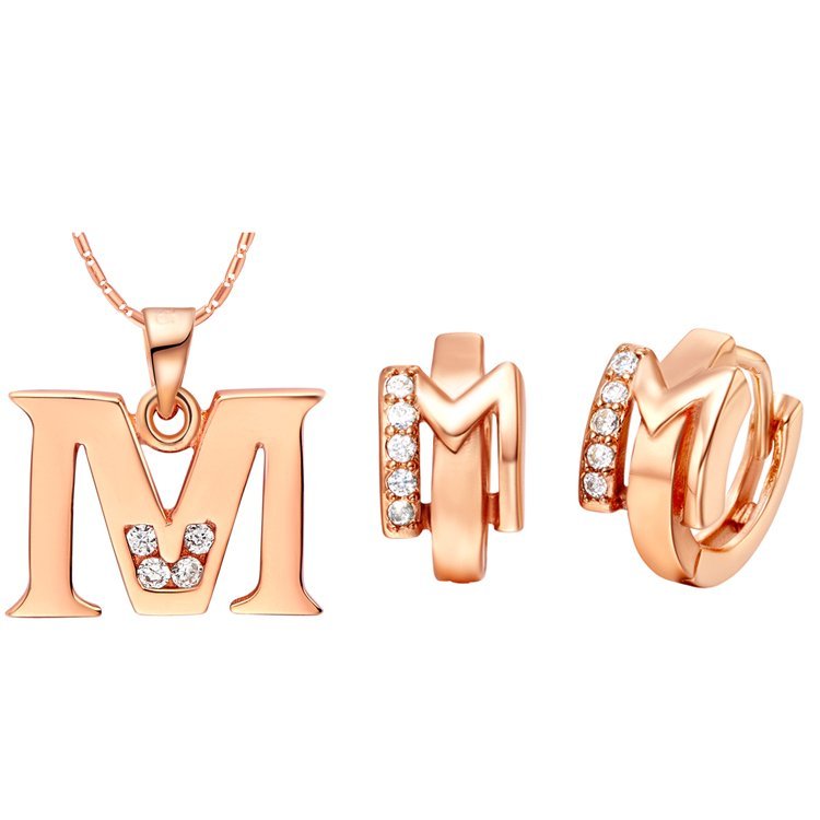 18K Gold Plated Letter M Zirconia Stones Jewelery Set M00839