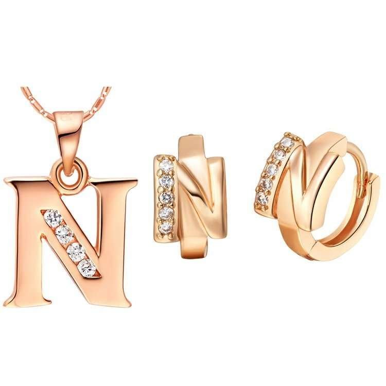 18K Gold Plated Letter N Zirconia Stones Jewelery Set M00841