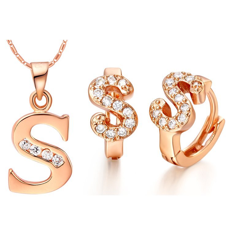 18K Gold Plated Letter S Zirconia Stones Jewelery Set M00843