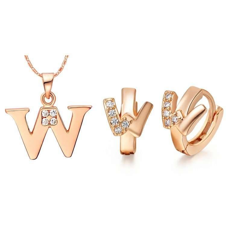 18K Gold Plated Letter W Zirconia Stones Jewelery Set M00845