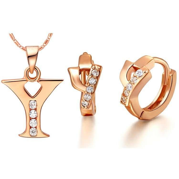 18K Gold Plated Letter Y Zirconia Stones Jewelery Set M00847