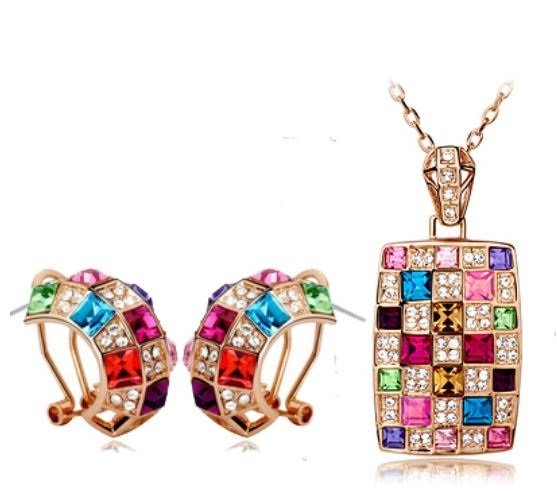 18K Gold Plated Multicolor Swarovski Elements Jewlery Set of Necklace and Earrings M00886