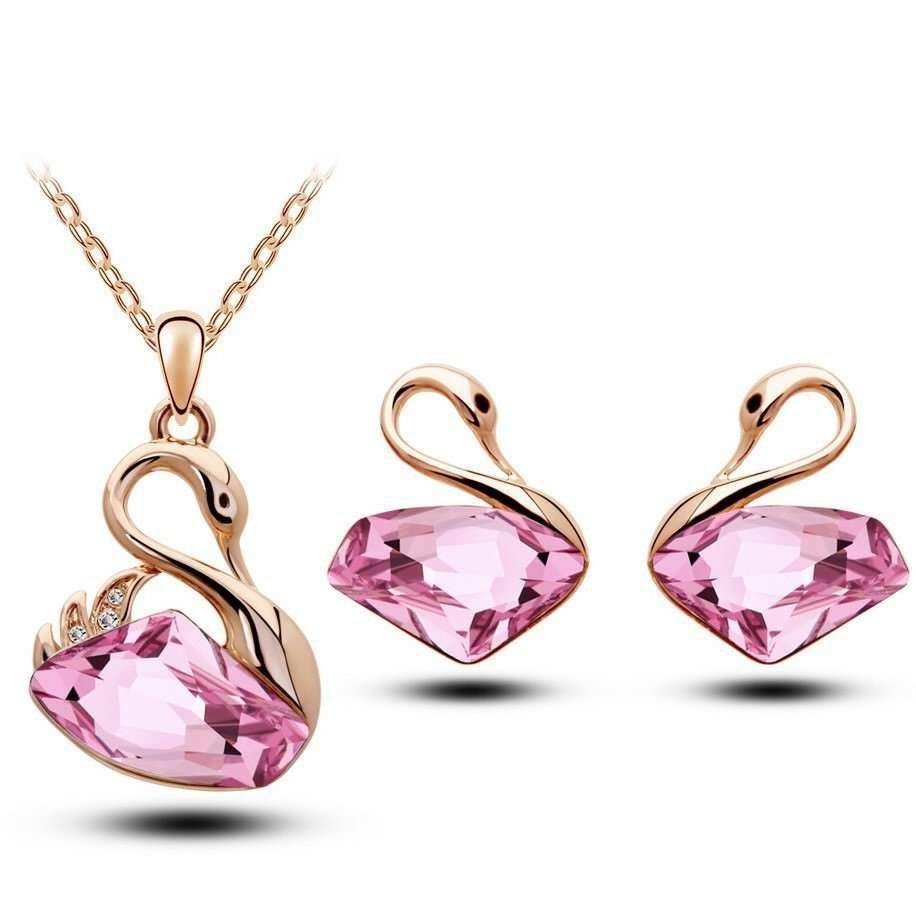 18K Gold Plated Swan Austrian Crystal Pink Jewelry Set M00979