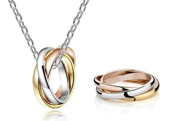 18K Gold Plated Triple Rings Jewelry Set of Necklace and Ring M00943