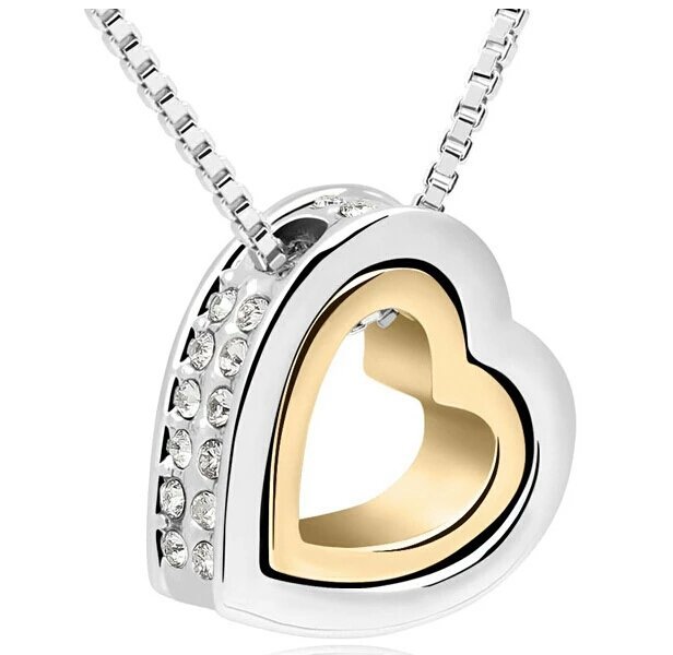 18K Gold Plated Two Tone Double Heart Rhinestones Necklace M00712