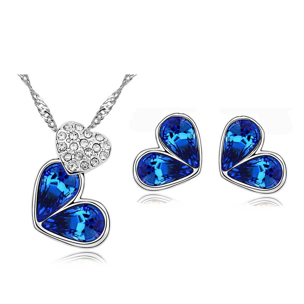 18K Platinum Austrian Crystal Heart Dark Blue Jewellery Set M00302