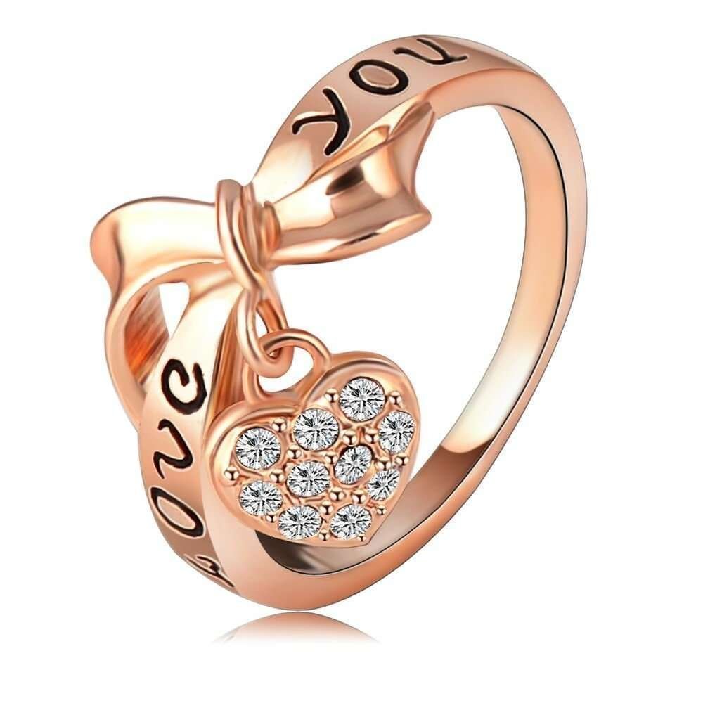 18K Rose Plated 3 Times Genuine Austrian Crystals Black Enamel Love You Ring M01529