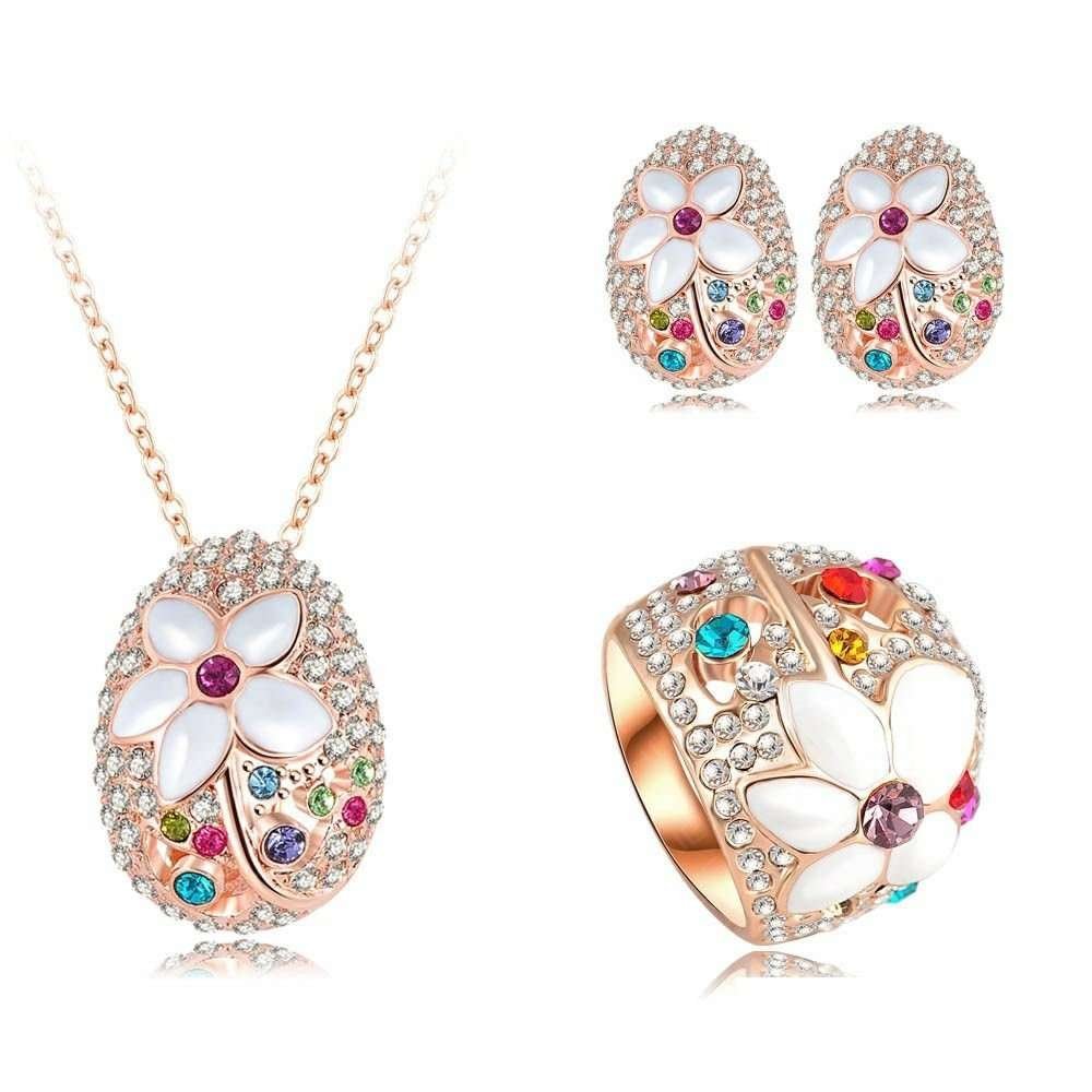 18K Rose Plated 3 Times Genuine Austrian Crystals Flower Jewelry Set M01536