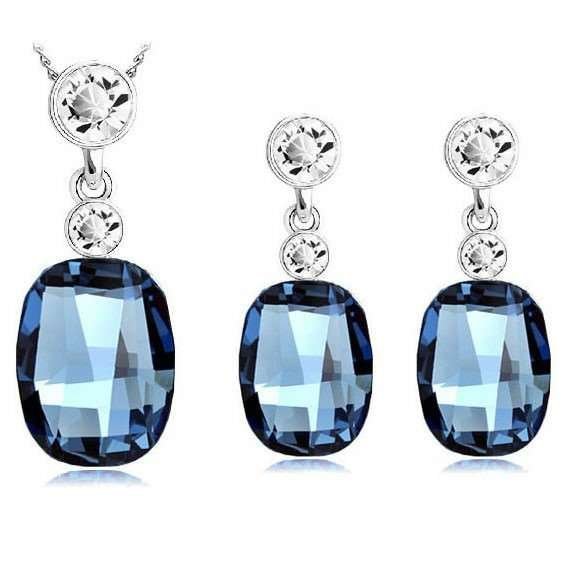18K White Gold Plated Austrian Big Crystal and Rhinestone Blue Jewelry Set M01146