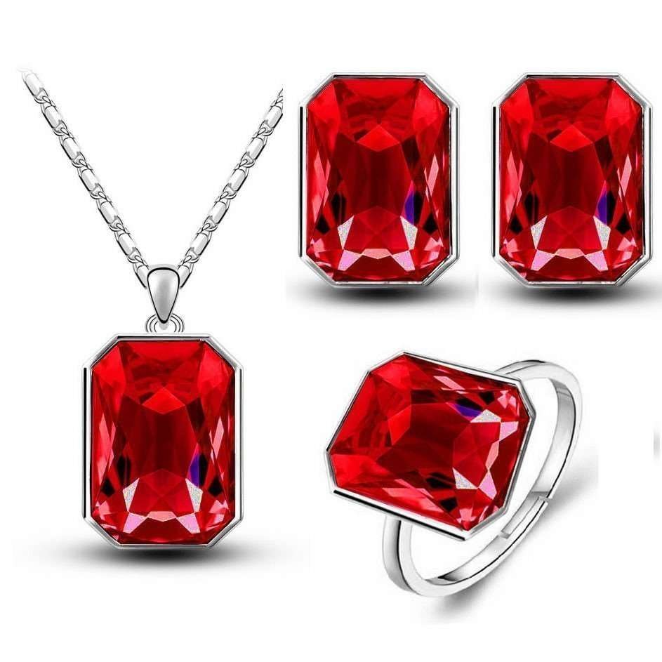18K White Gold Plated Austrian Big Crystal and Rhinestone Red Jewelry Set M01174