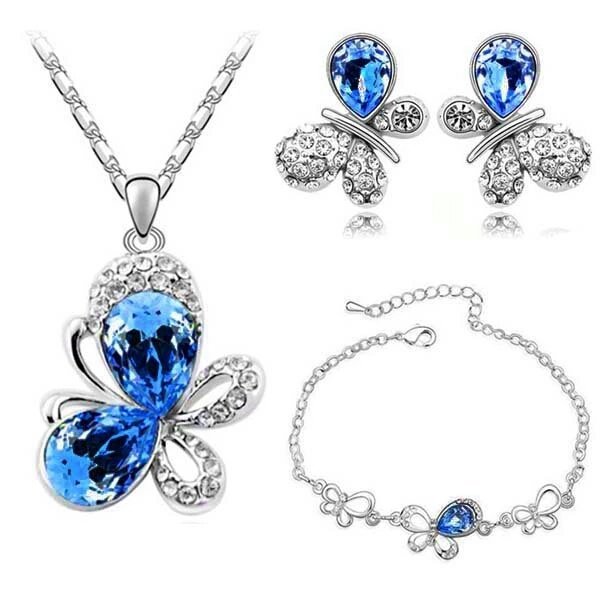 18K White Gold Plated Austrian Crystal Butterfly Blue Jewelry Set M00026