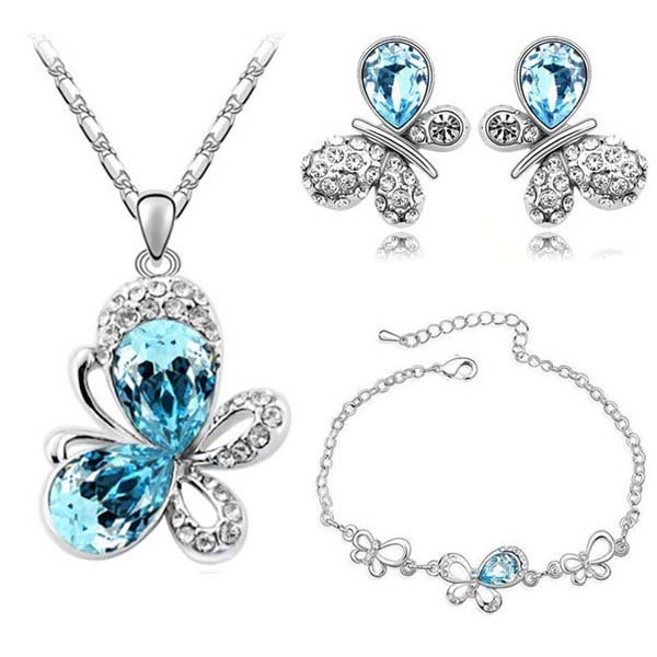 18K White Gold Plated Austrian Crystal Butterfly Ocean Blue M00027