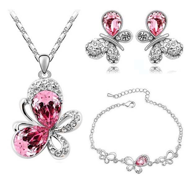 18K White Gold Plated Austrian Crystal Butterfly Pink Jewelry Set M00984
